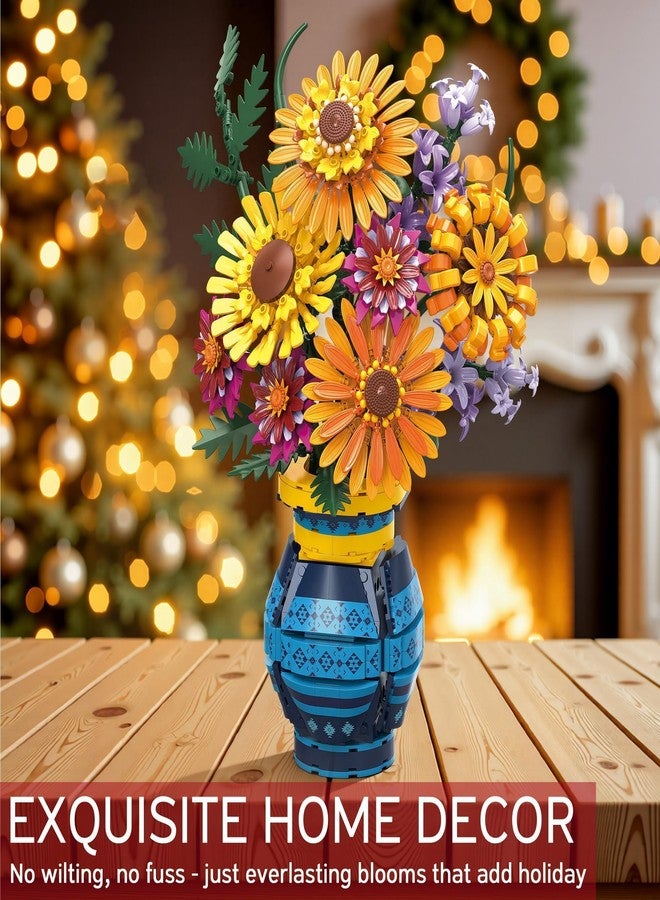 Qinline Sunflower Bouquet Building Blocks w/ Vase Set, 1065 PCS Botanical Collection Valentine Birthday Gifts for Adult Women Her Him Mom Teenage, Artificial Flower Home Decor Stocking Stuffers for Teen Girls - Image 3